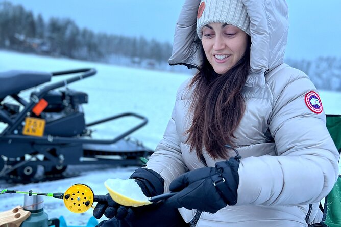 VIP Ice Fishing "ICEBREAKER" Lunch in Glass Igloo - Drilling through the ice on a quiet lake